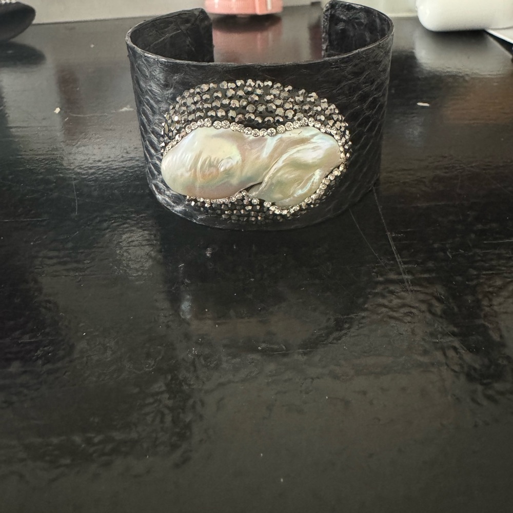 Mother of Pearl Druzy Wide Black Leather Cuff Bracelet Statement Luxe Artisan - Picture 3 of 4